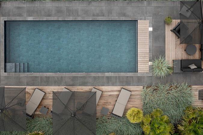 Umbriano Grauanthrazit gemasert in Kombination mit Pool-Einfassungen Grauanthrazit gemasert